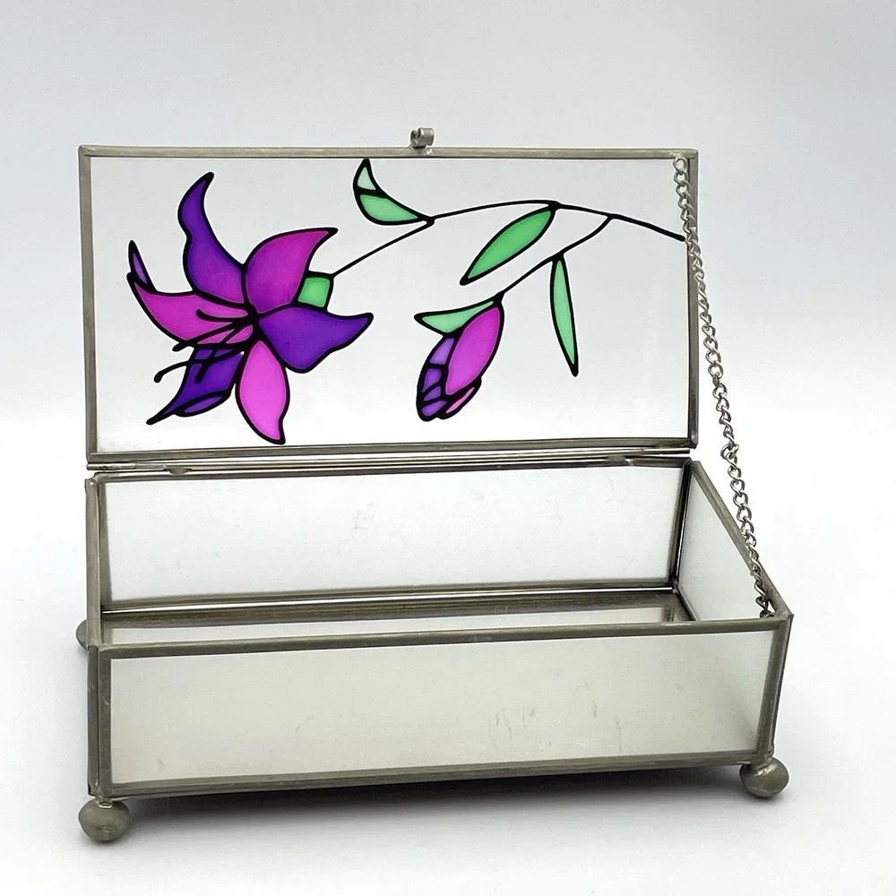 Vintage Taiwan Stained Glass Jewelry Trinket Box Frosted Glass Purple Lily